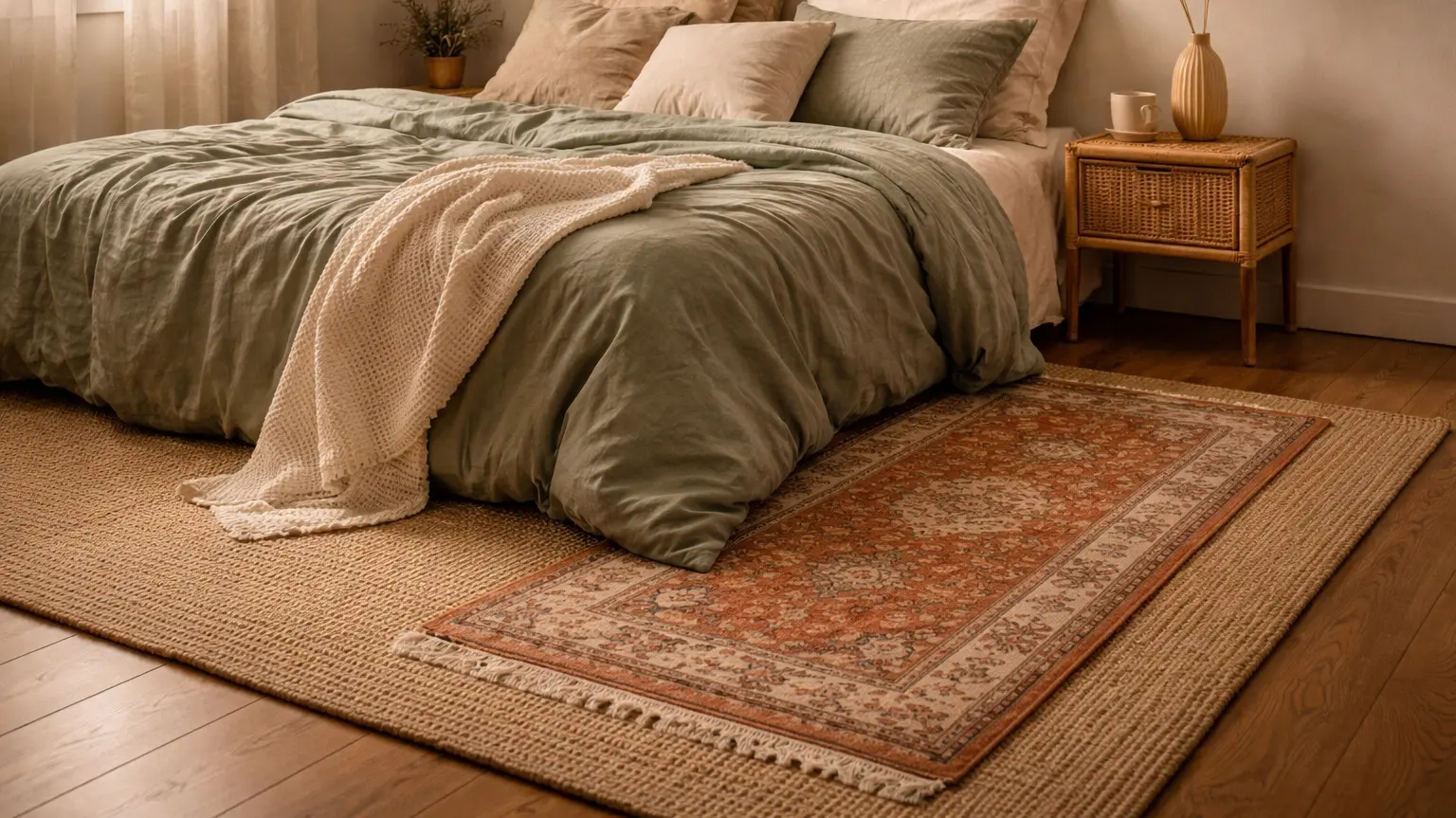 Small bedroom rug layering idea with jute base rug and terracotta Persian runner at foot of bed with sage green linen bedding and rattan nightstand