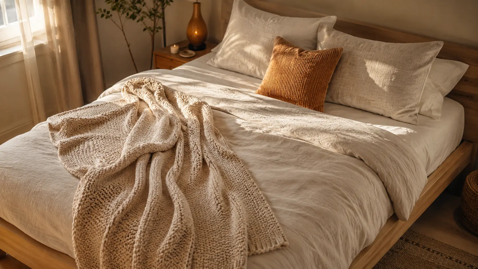 bedroom throw ideas — chunky cable knit throw blanket styled at the foot of a bed with layered linen pillow covers in warm cream and natural linen tones