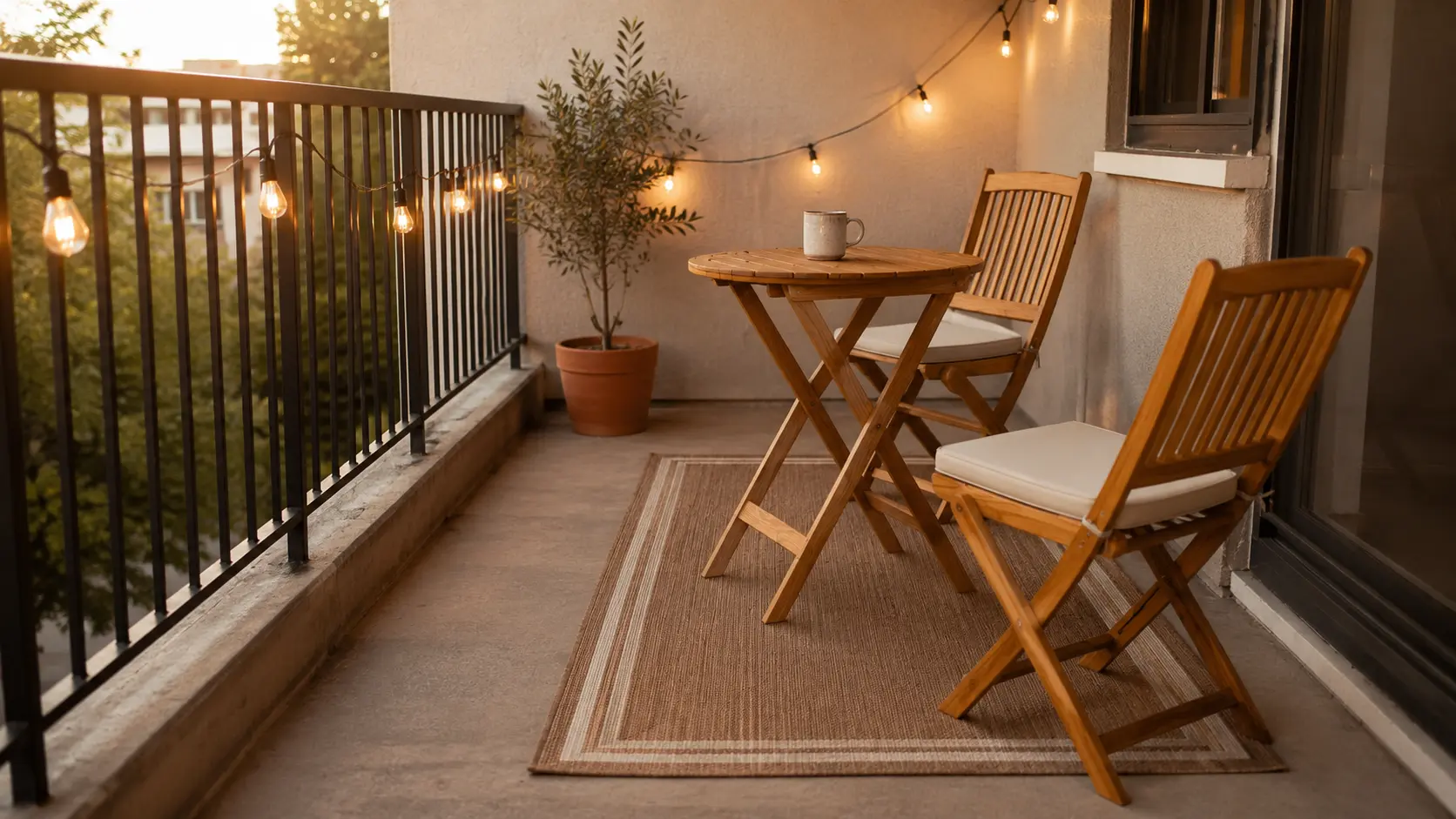 small balcony furniture ideas — acacia wood bistro set with outdoor rug and string lights on apartment balcony