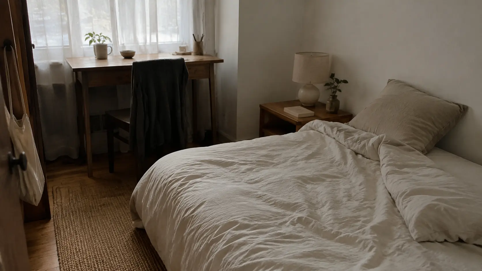 Small rented apartment bedroom with desk tucked into the corner, morning light