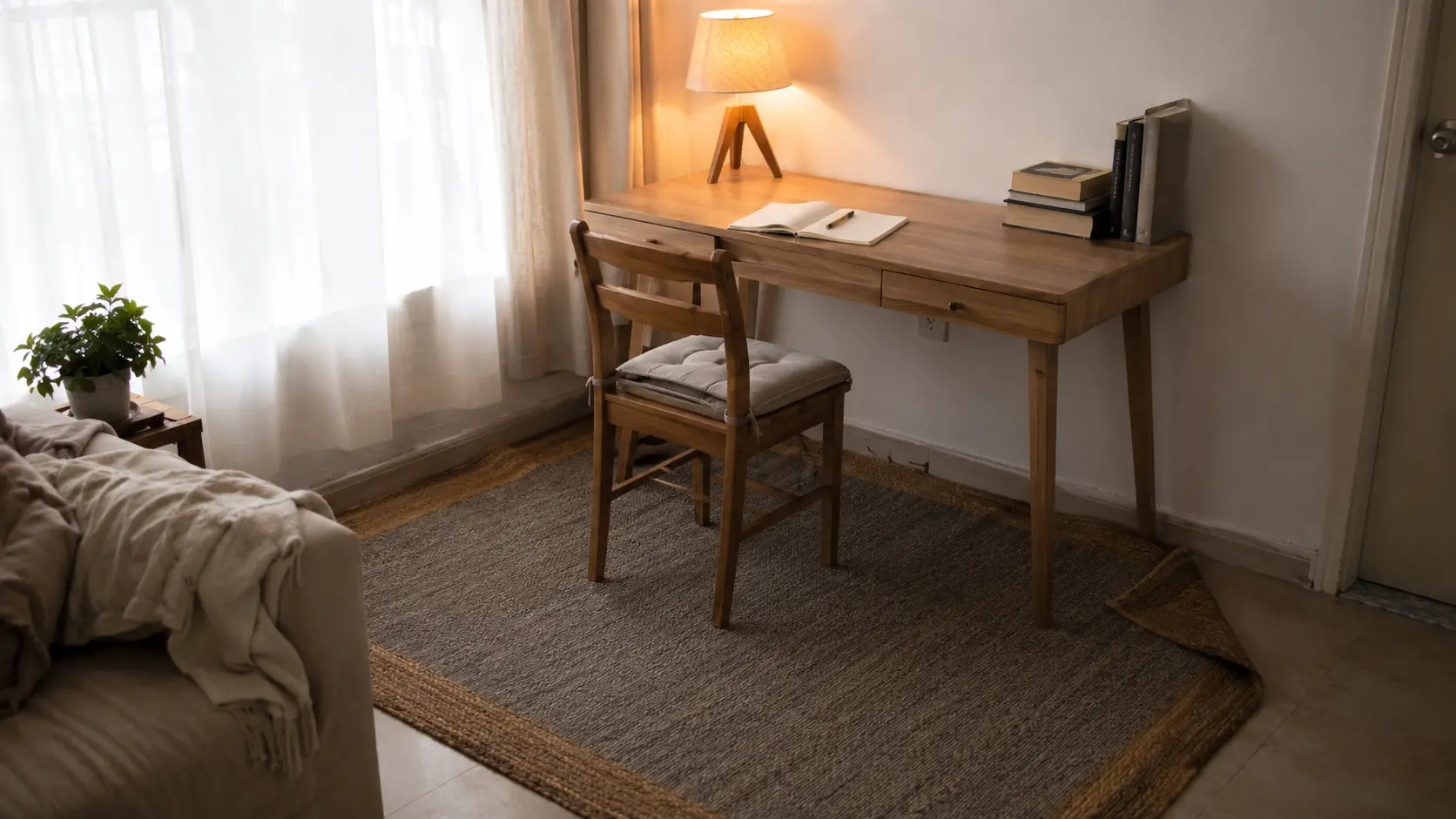 apartment office ideas — bright living room corner with a compact desk, warm wood tripod lamp, and jute rug defining a home office zone in a small rented apartment