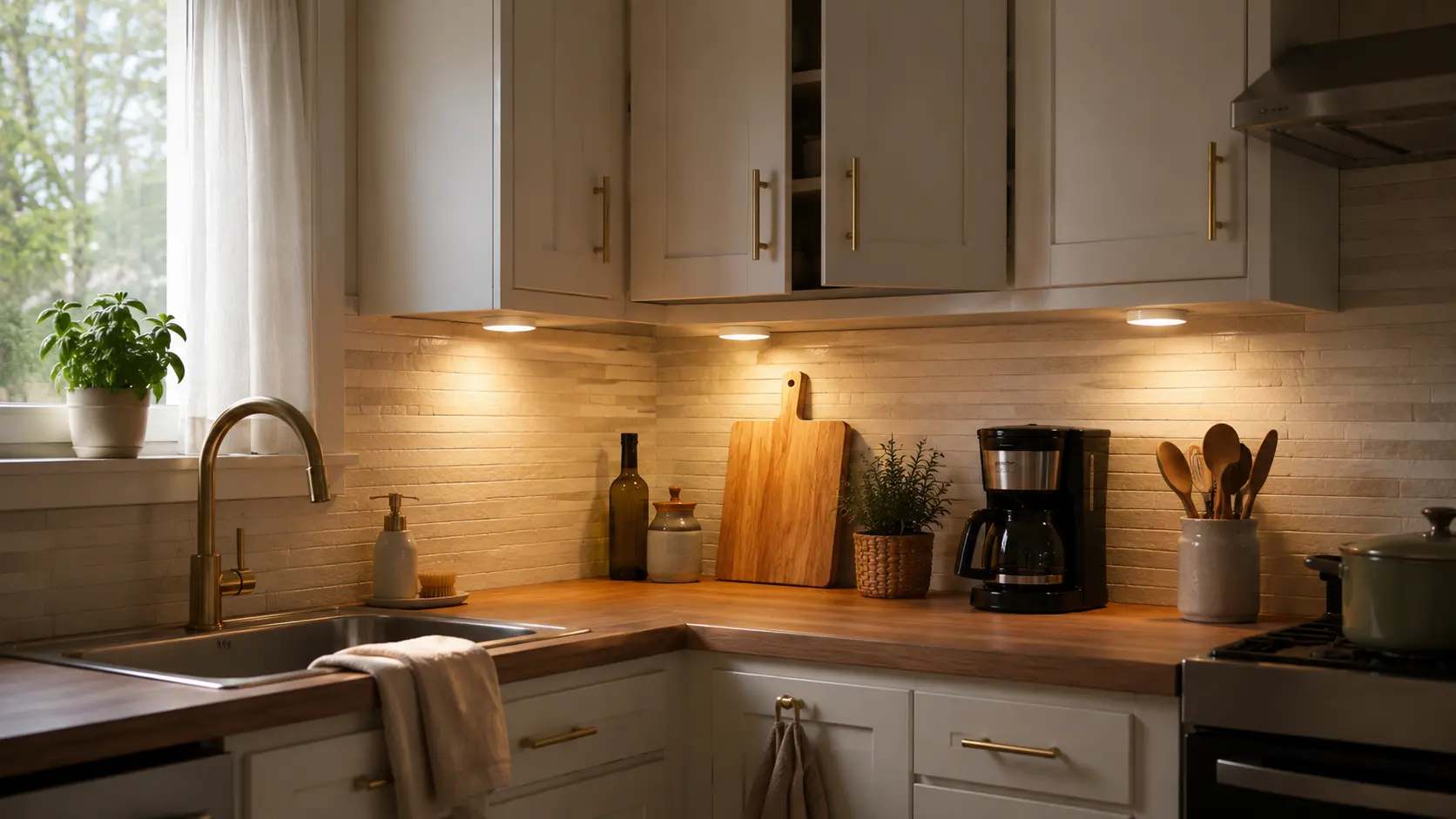 Small rental apartment kitchen with cream cabinets, brushed brass pulls, and warm under-cabinet lighting over beige peel-and-stick backsplash