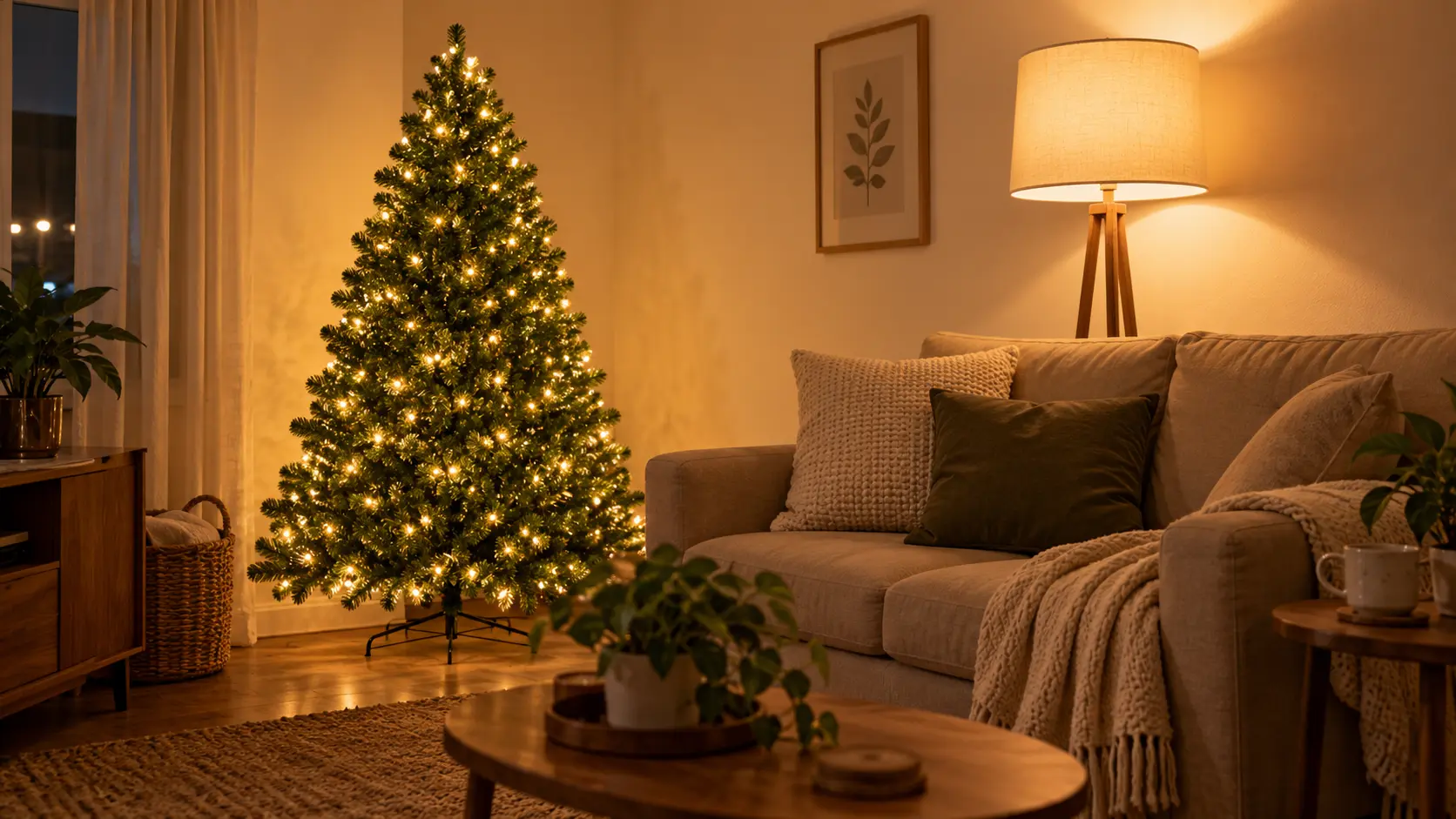 Small rental apartment living room with a 6-foot pre-lit Christmas tree glowing with warm white lights in the corner, sand sofa, cream walls, evening lamp light