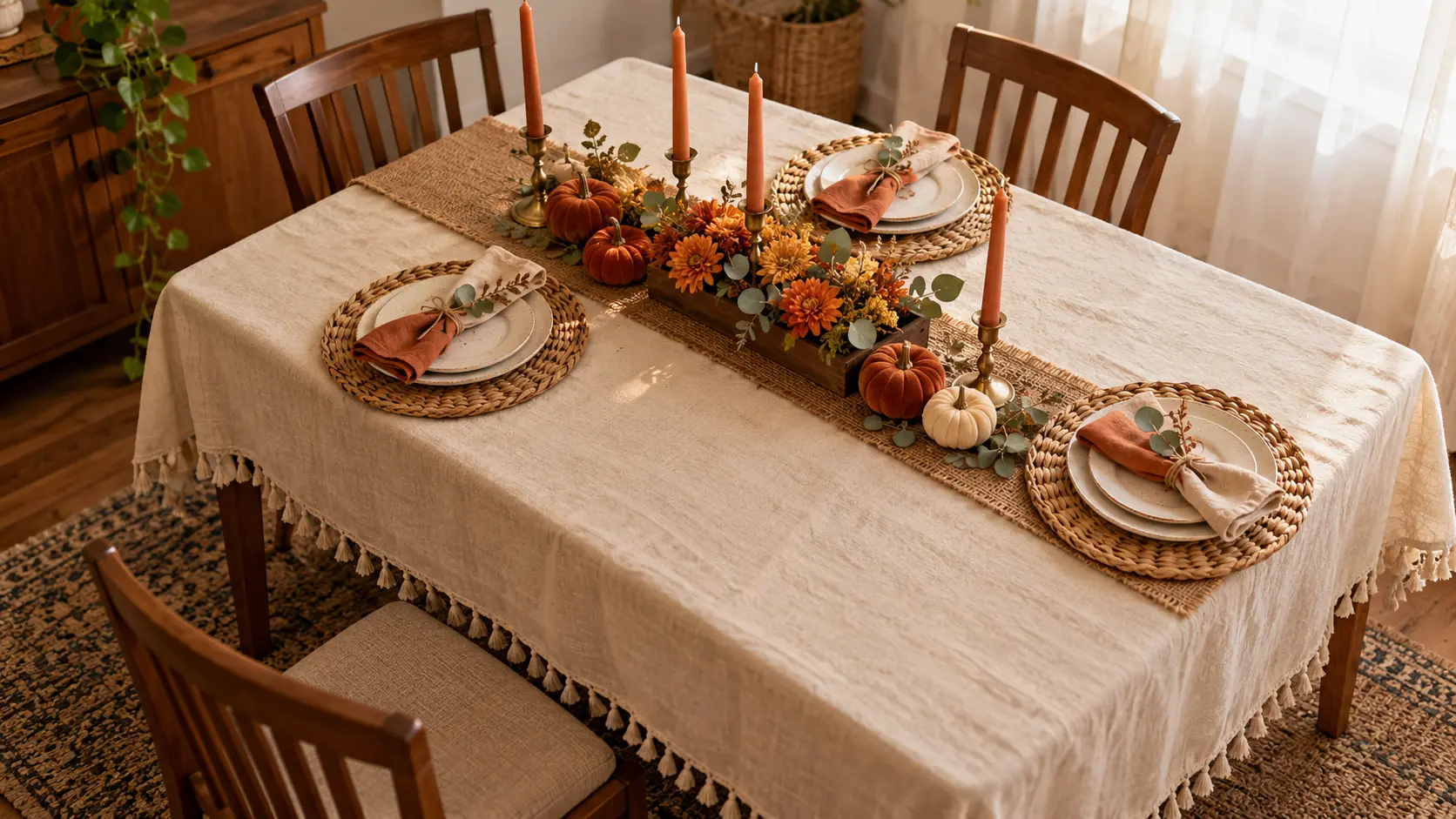 thanksgiving table decor with layered jute runner fall centerpiece brass candlestick holders and water hyacinth placemats in a small apartment dining room